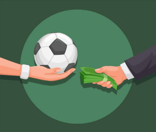 Imagem de ilustração vetorial de mão segurando uma bola e símbolo de dinheiro para representar atividade ilegal de manipulação de jogos de futebol.
