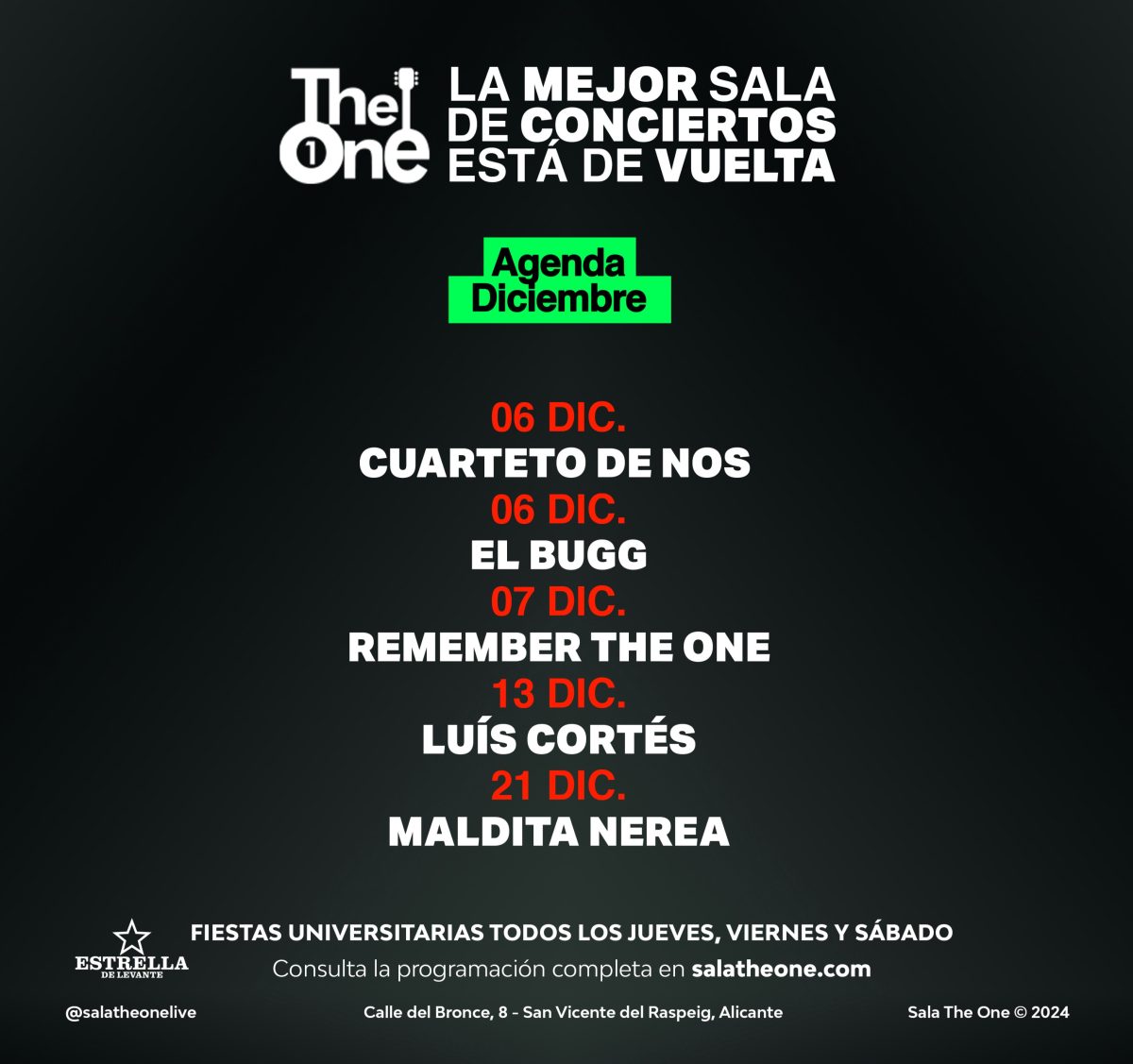 La Sala The One Alicante presenta su programación de diciembre con artistas destacados y eventos imperdibles