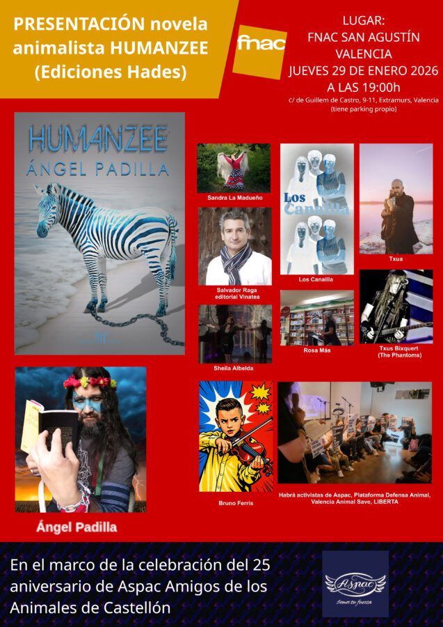 Músicos, actores y activistas acompañarán al poeta Ángel Padilla en la presentación de su novela animalista «Humanzee» en Fnac Valencia