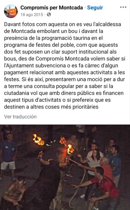 Pedimos a Compromís Moncada que no autorice actos con animales durante su mandato
