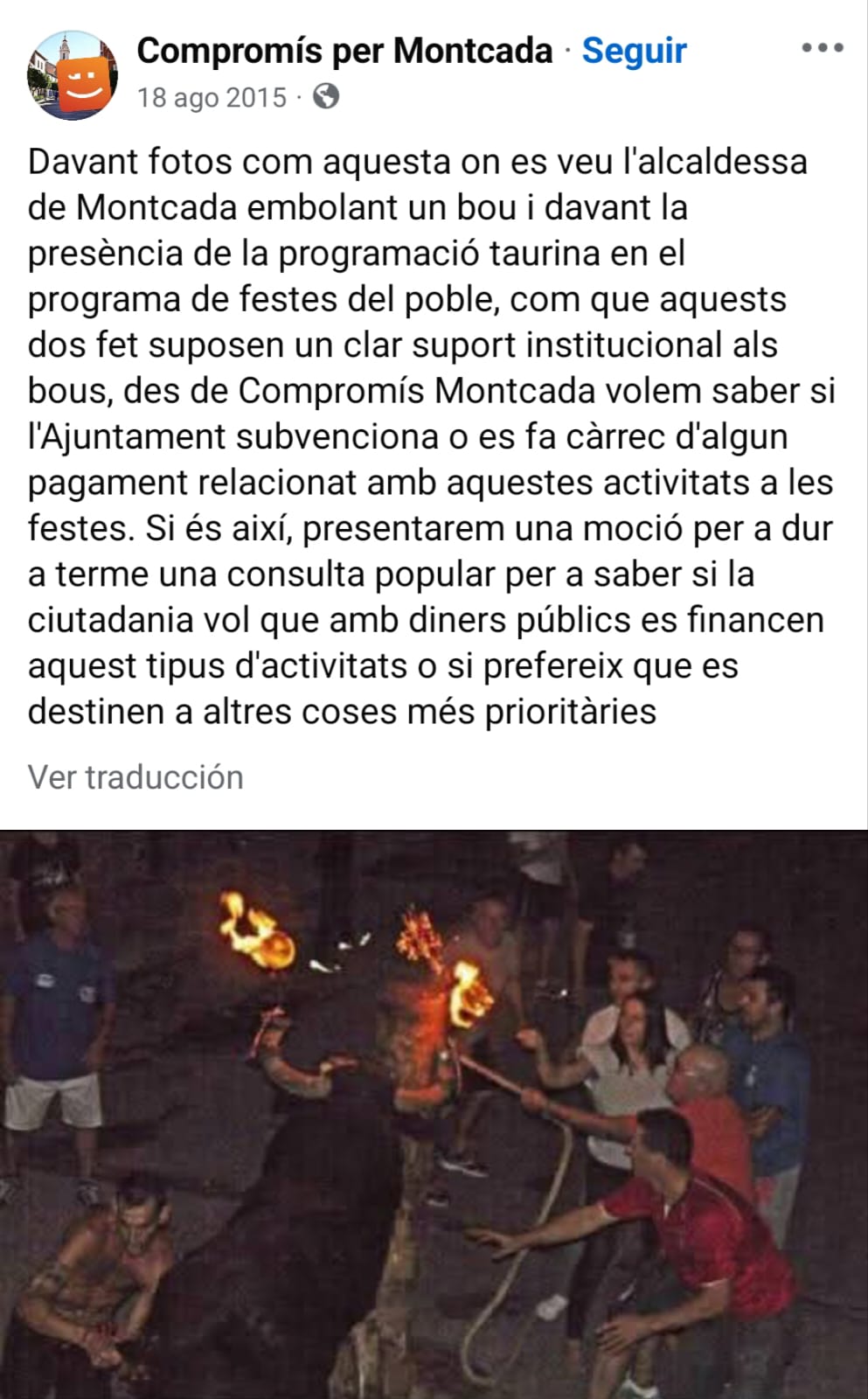 Pedimos a Compromís Moncada que no autorice actos con animales durante su mandato