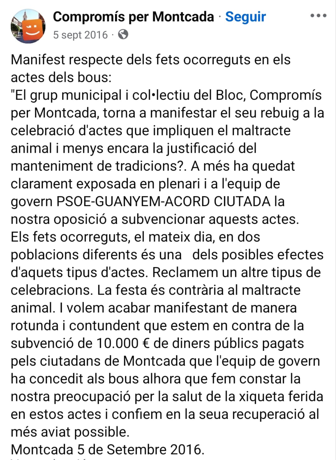 Pedimos a Compromís Moncada que no autorice actos con animales
