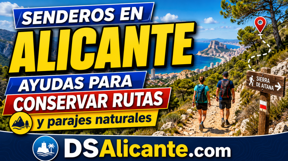sendero señalizado, paraje natural, cartel de ruta homologada o paisaje de montaña alicantina.