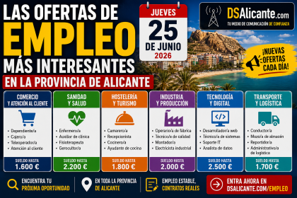 Las ofertas de empleo más interesantes que se han publicado en la provincia de Alicante Jueves 25 de Junio 2026