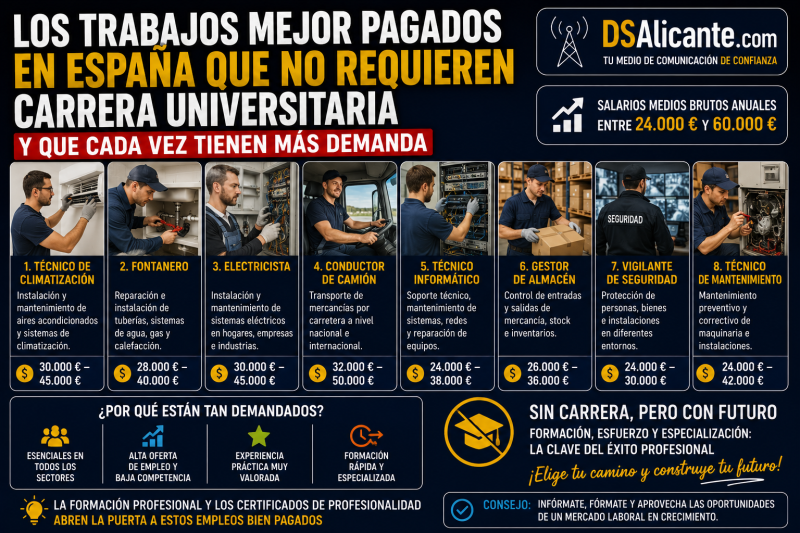 Trabajos mejor pagados sin carrera universitaria en España
