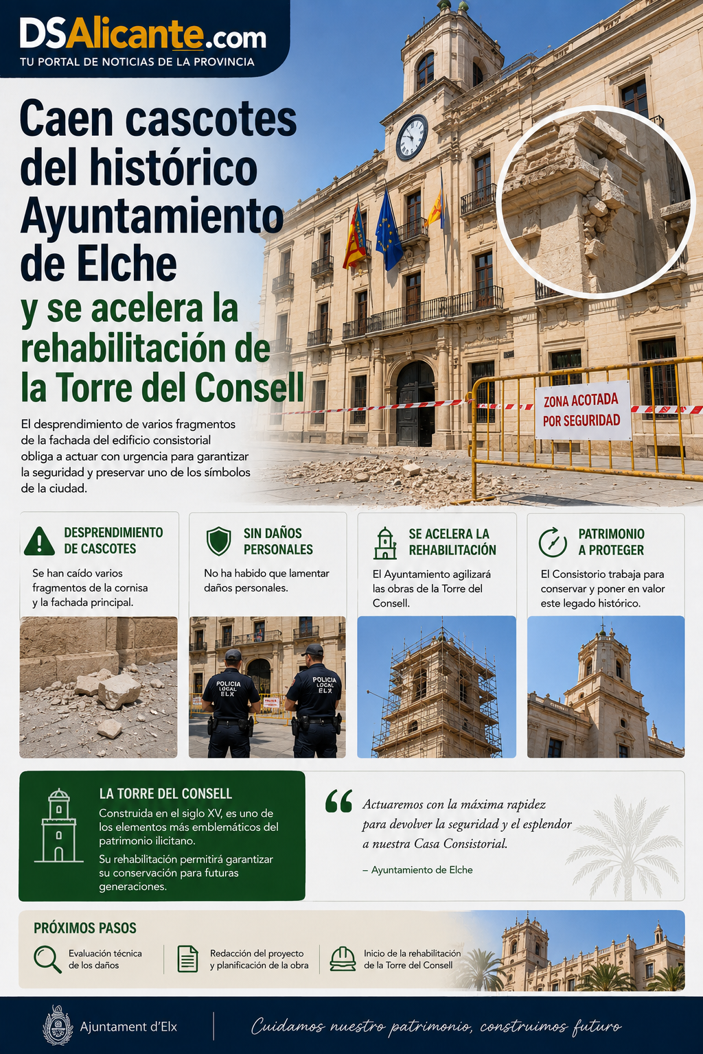 Caen cascotes en la Torre del Consell de Elche y anuncian su rehabilitación