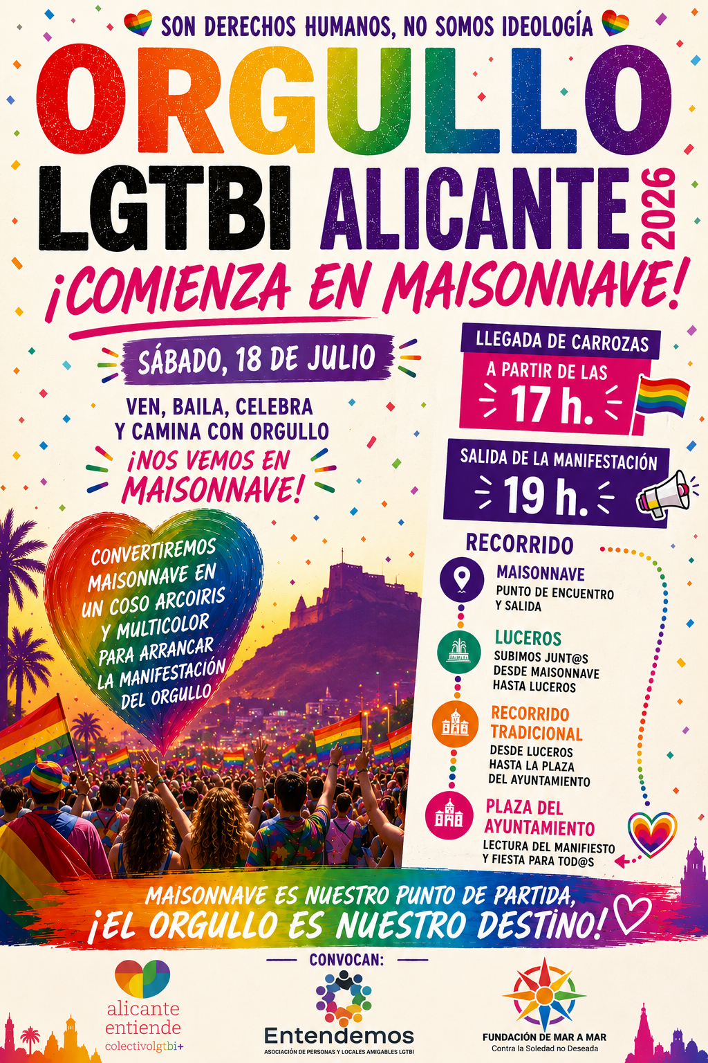 La manifestación del Orgullo LGTBI Alicante 2026 estrenará salida desde la Avenida de Maisonnave para ganar visibilidad y convertir el inicio de la marcha en una gran celebración de la diversidad