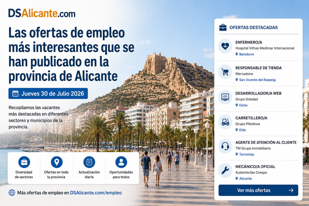 Las ofertas de empleo más interesantes que se han publicado en la provincia de Alicante Jueves 30 de Julio 2026