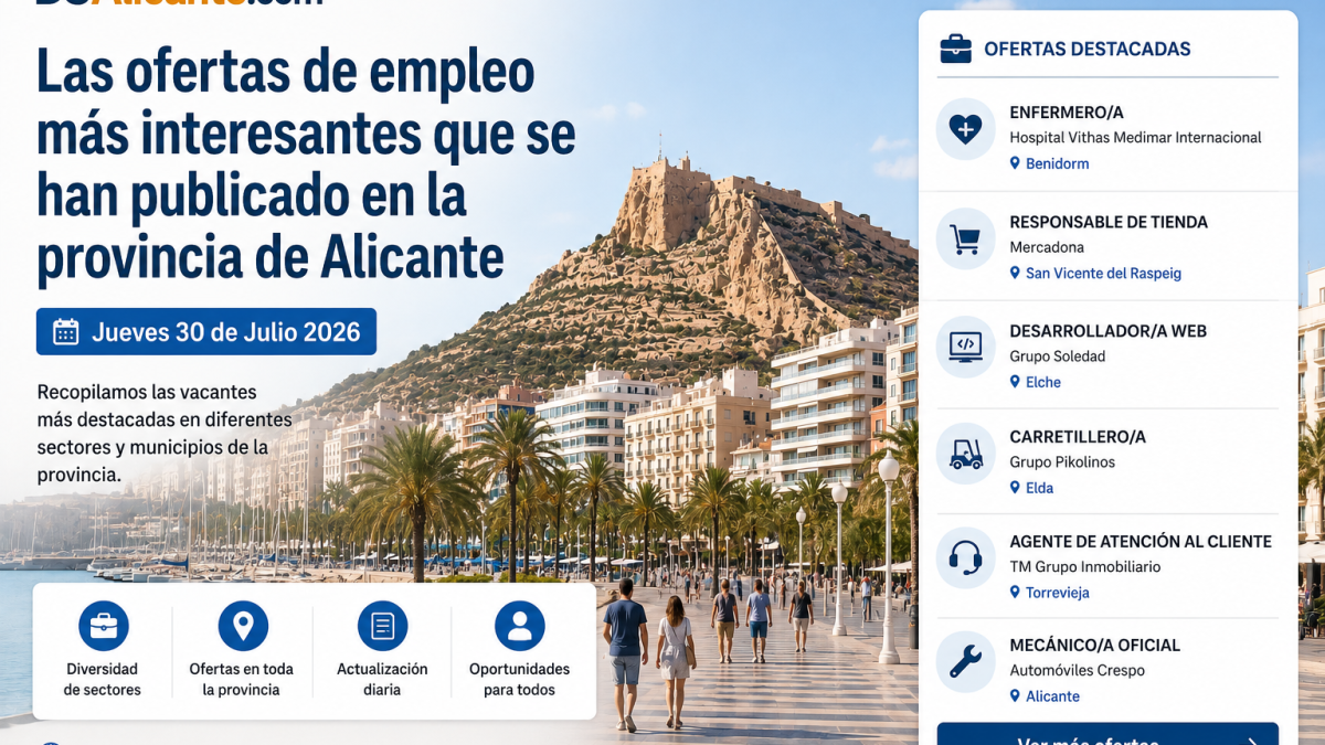 Las ofertas de empleo más interesantes que se han publicado en la provincia de Alicante Jueves 30 de Julio 2026