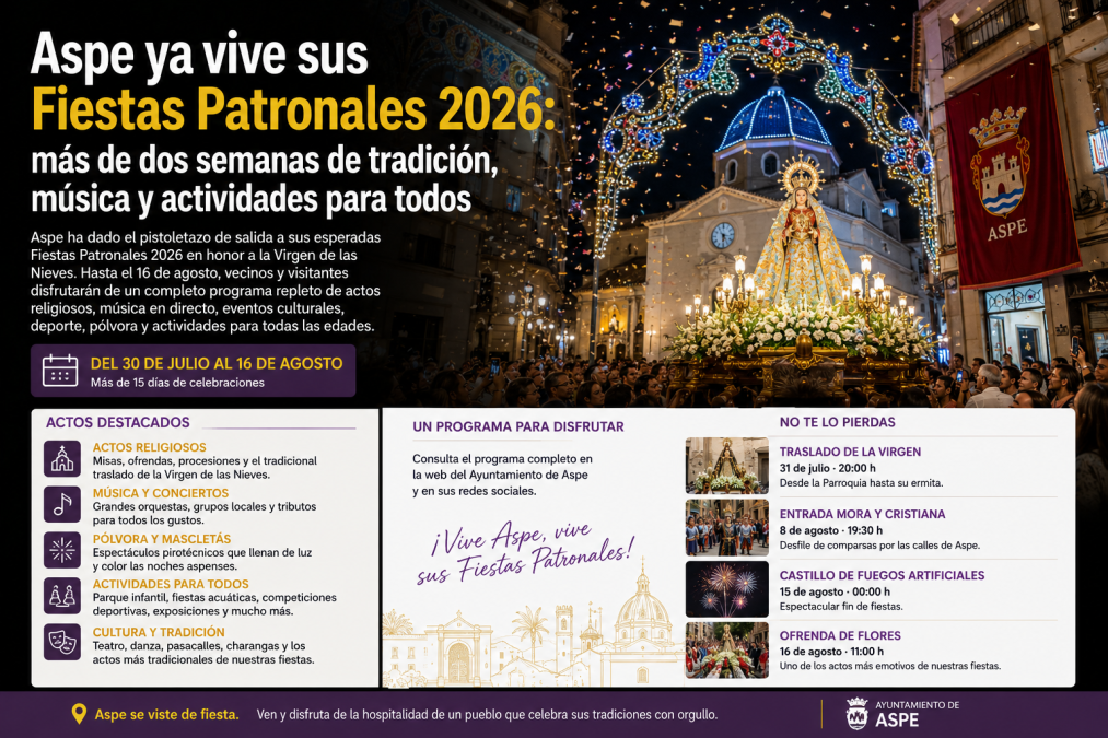Aspe ya está listo para sus Fiestas Patronales: consulta los actos más esperados de agosto
