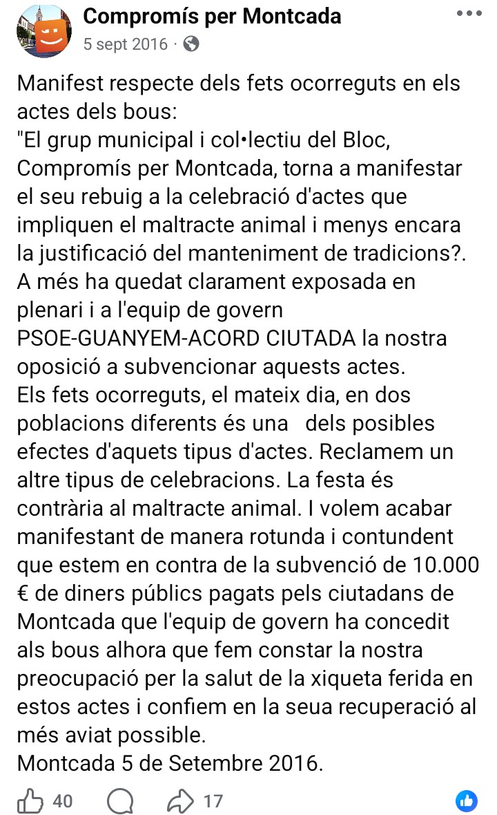 Defensa Animal nos entristece que Compromís autorice los actos taurinos en Moncada