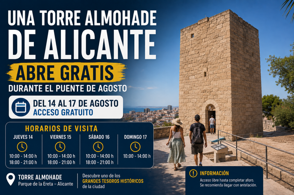 Descubre gratis la Torre de Almudaina durante el puente de agosto de 2026, un monumento del siglo XIII situado en el interior de Alicante.