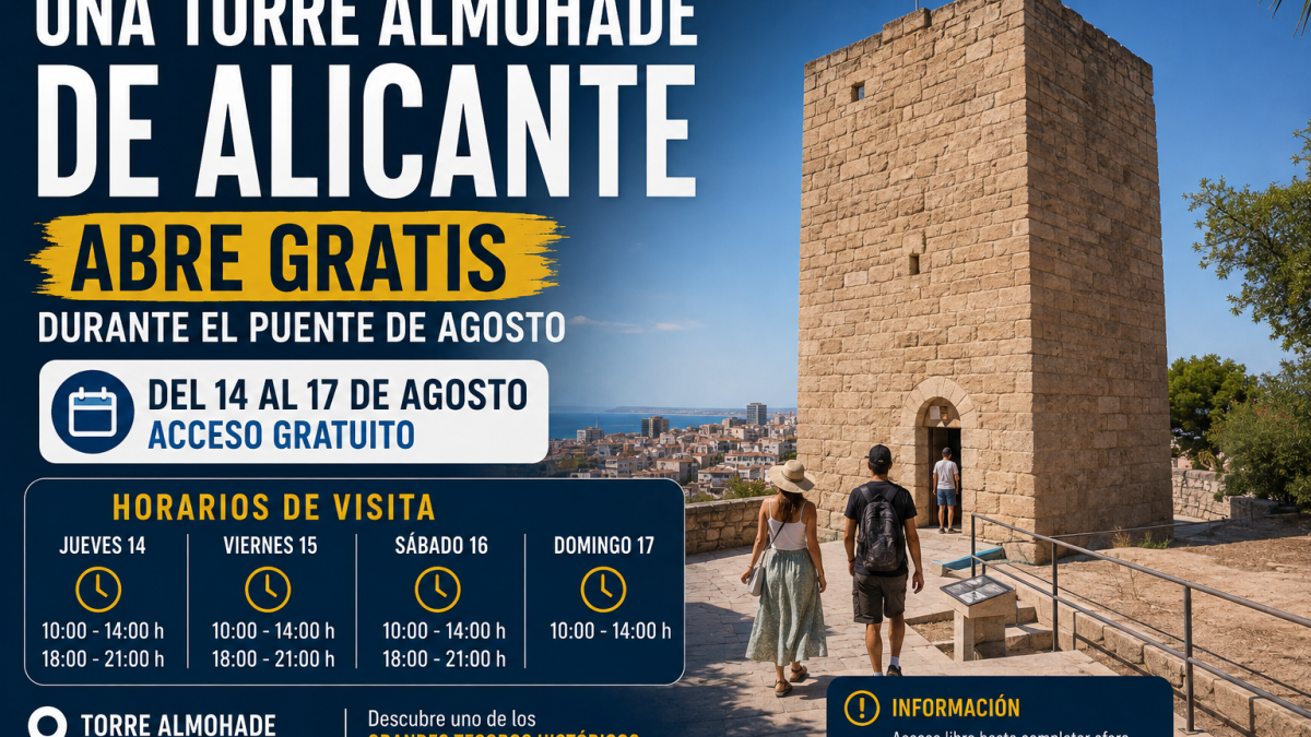 Descubre gratis la Torre de Almudaina durante el puente de agosto de 2026, un monumento del siglo XIII situado en el interior de Alicante.