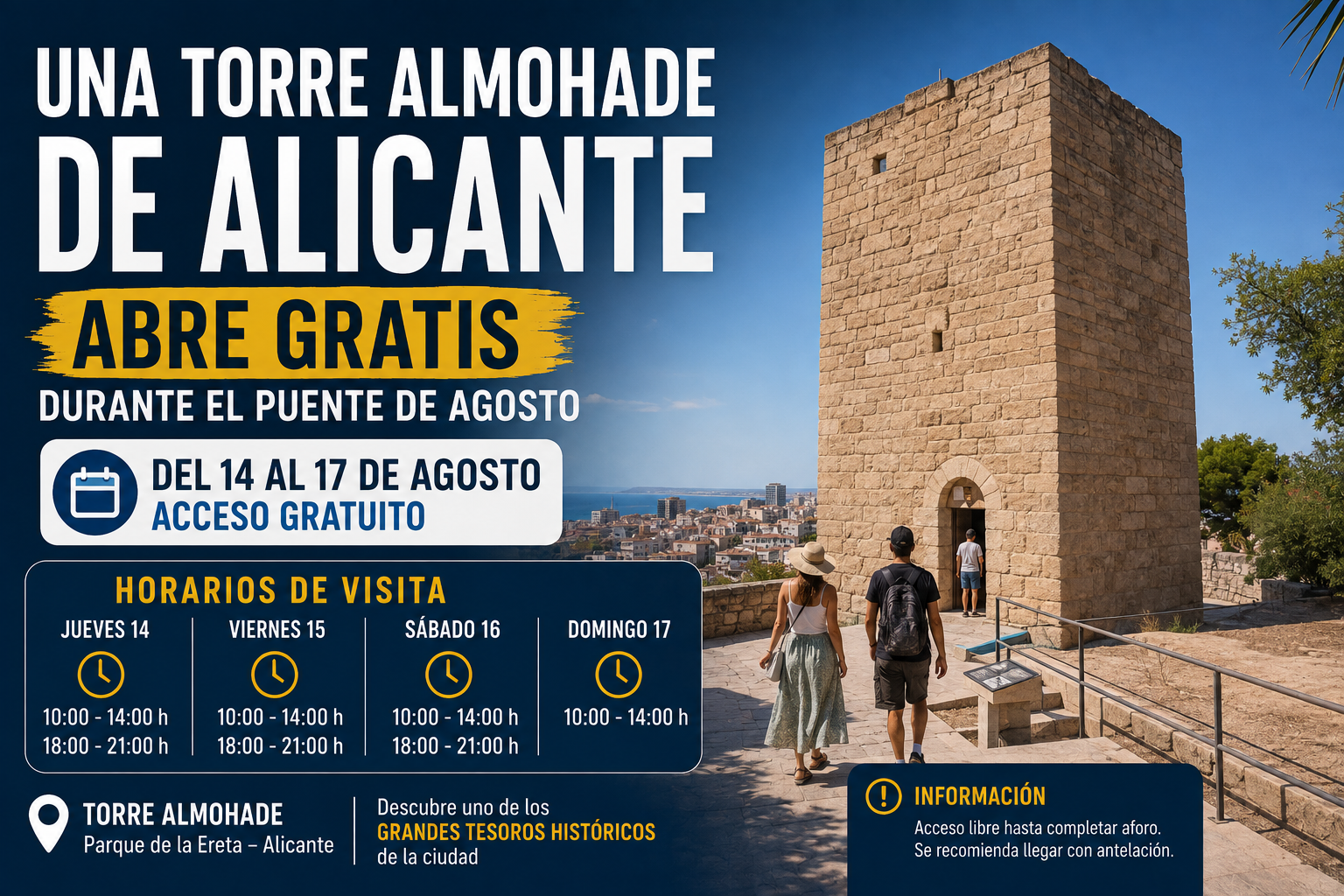 Descubre gratis la Torre de Almudaina durante el puente de agosto de 2026, un monumento del siglo XIII situado en el interior de Alicante.