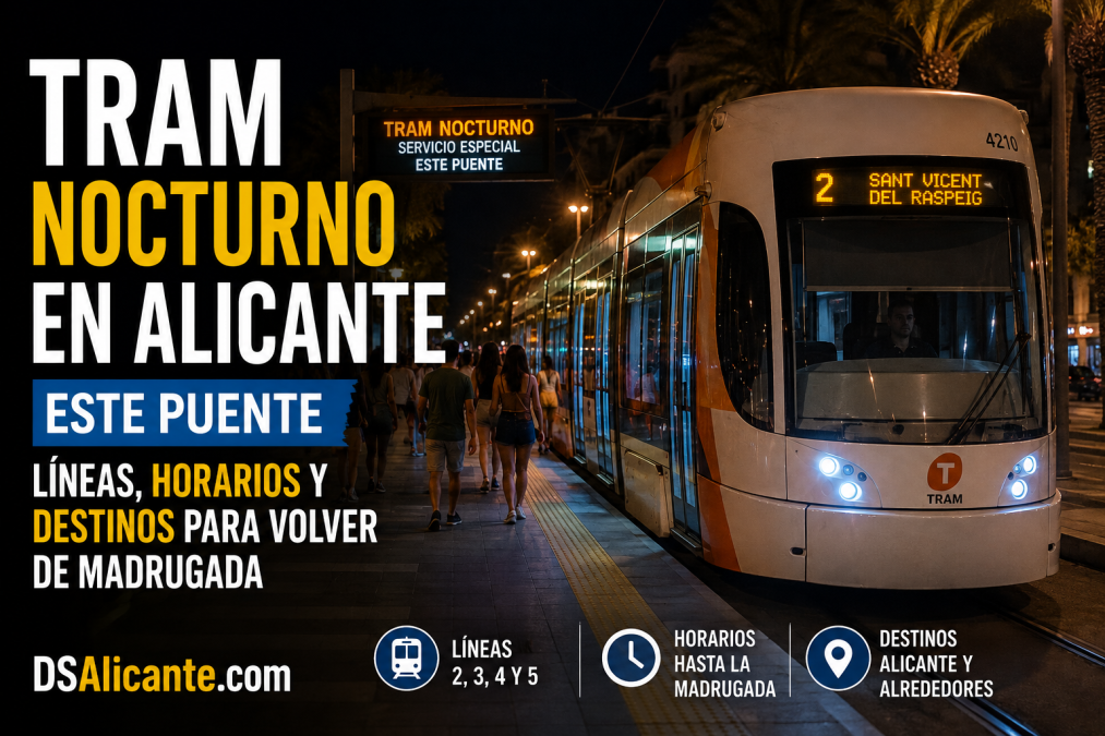 El TRAM nocturno funciona este fin de semana en Alicante. Consulta líneas hacia Sant Vicent, Playa de San Juan, El Campello y Benidorm.