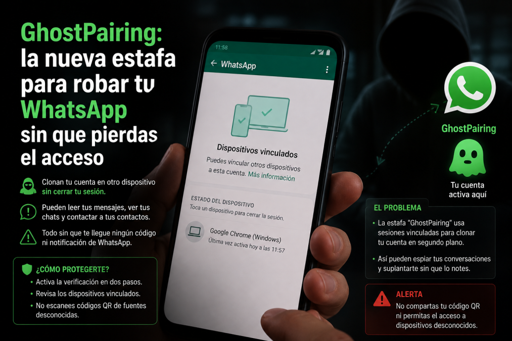 GhostPairing permite vincular un dispositivo a una cuenta de WhatsApp. Descubre cómo funciona, cómo revisar tus dispositivos y cómo protegerte.