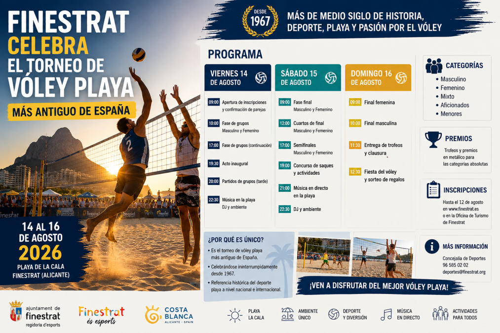 La Cala de Finestrat celebra del 14 al 16 de agosto su 49.º Torneo Internacional de Vóley Playa. Consulta el programa y las jornadas.
