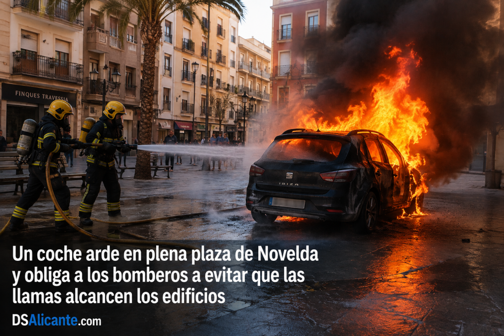 Un coche comienza a arder en plena plaza de Novelda: sus ocupantes consiguen salir antes de que las llamas lo devoren