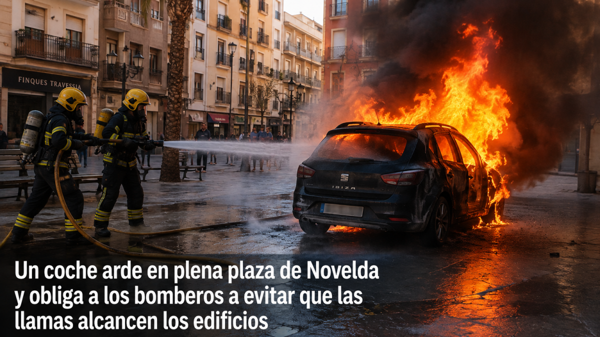 Un coche comienza a arder en plena plaza de Novelda: sus ocupantes consiguen salir antes de que las llamas lo devoren