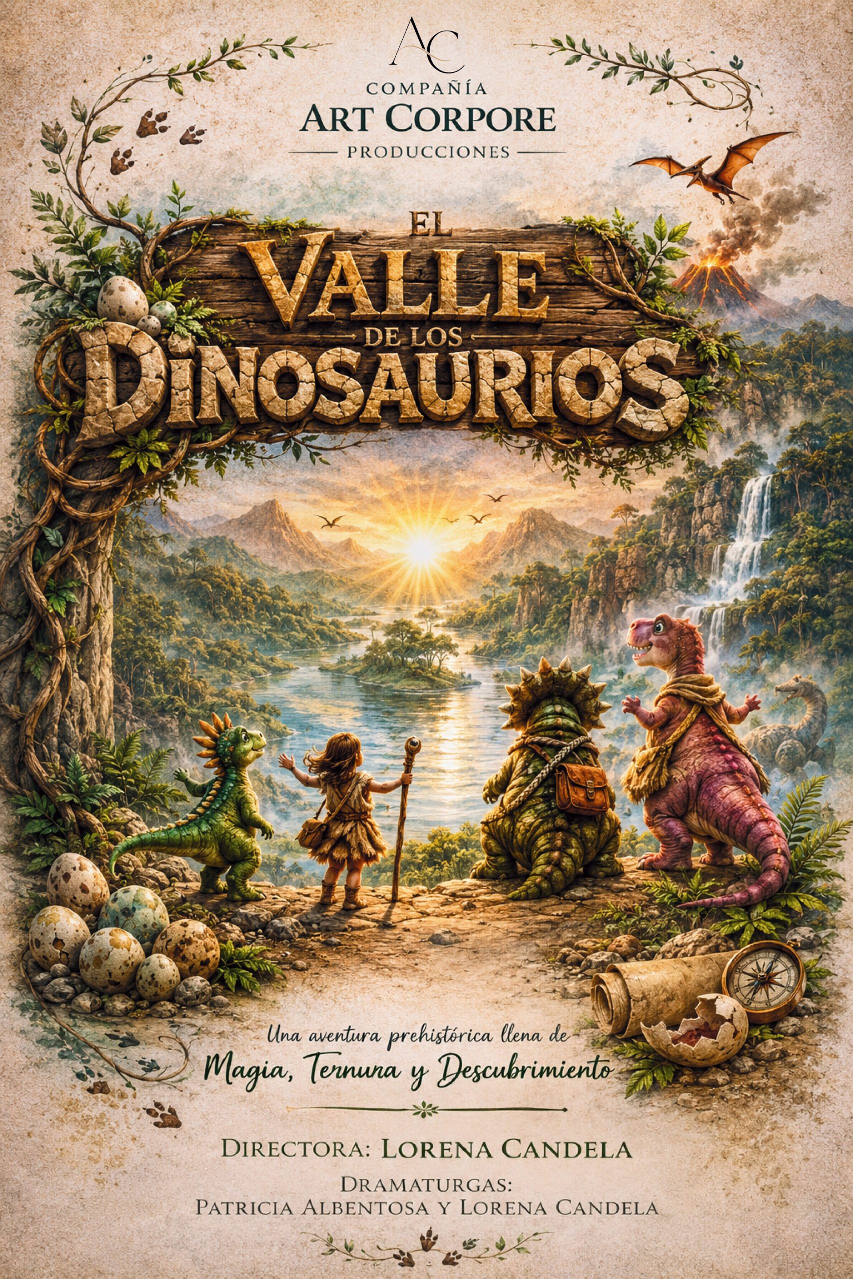 La Compañía ART CORPORE PRODUCCIONES inaugura este domingo la programación del Teatro Vico con una gran aventura prehistórica para toda la familia: «El Valle de los Dinosaurios»
