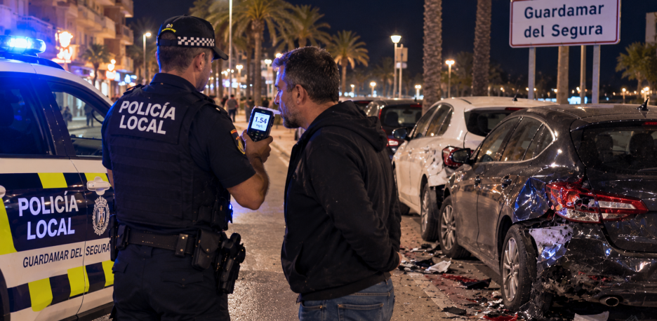 Guardamar: da 1,54 en alcoholemia tras golpear coches