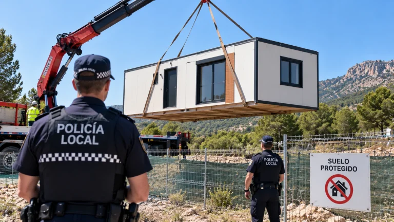 Frenan una vivienda prefabricada ilegal en Alicante con una grúa
