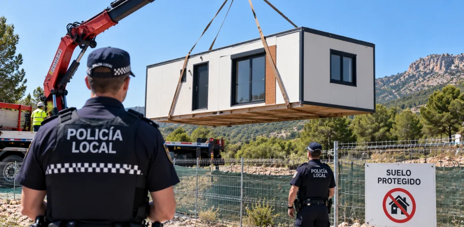 Frenan una vivienda prefabricada ilegal en Alicante con una grúa